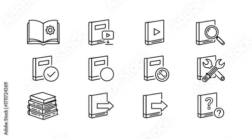 Collection of book icons representing various functions and actions silhouette