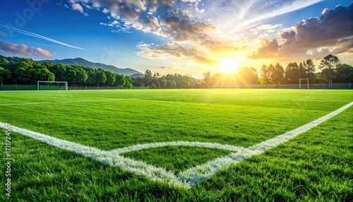 Green Soccer Field Under a Bright Sky with Sunlight and Clouds Landscape Featuring a Lush Field White Corner Lines and Distant Trees Bathed in Warm Light