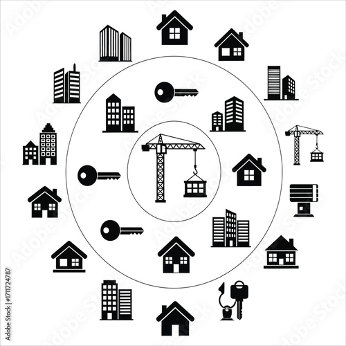 Real Estate and Construction Conceptual Illustration of Homes, Buildings, and Keys