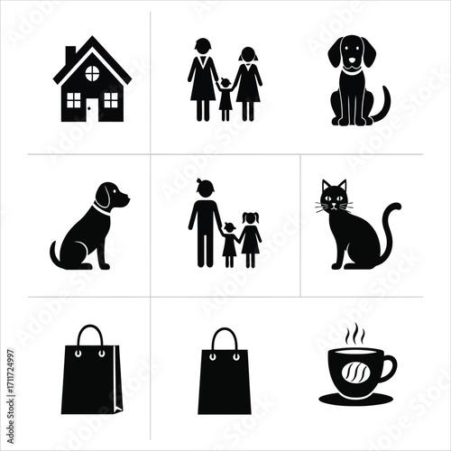 Set of flat black and white icons for family life, including home, parents, children, pets like dogs and cats, shopping, and coffee. A versatile vector collection