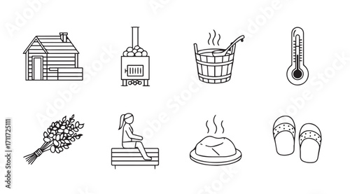 Collection of traditional finnish sauna icons and symbols in silhouette