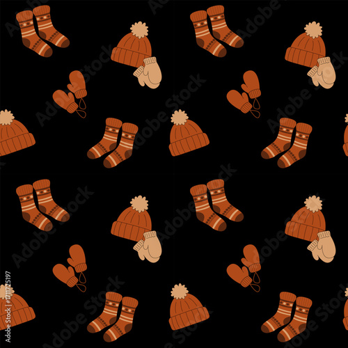 Cozy seamless vector pattern with knitted hats, mittens and warm socks in brown shades on black background. Perfect for winter packaging, gift wrap, and textile design.