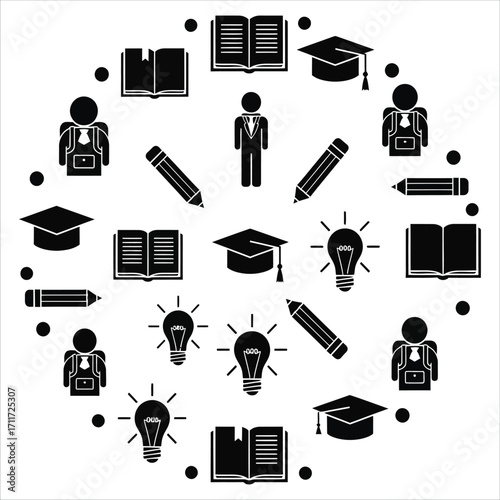 Education and learning icon set arranged in a circle, representing knowledge and academic growth