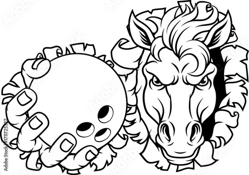 Horse mustang bronco stallion angry bowling sports team mascot holding a ball.