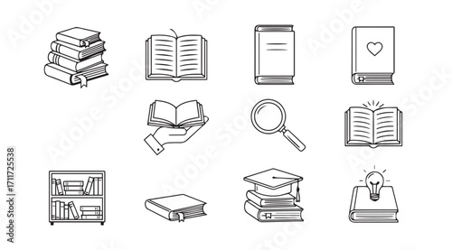 Collection of hand drawn book icons in a simple silhouette style
