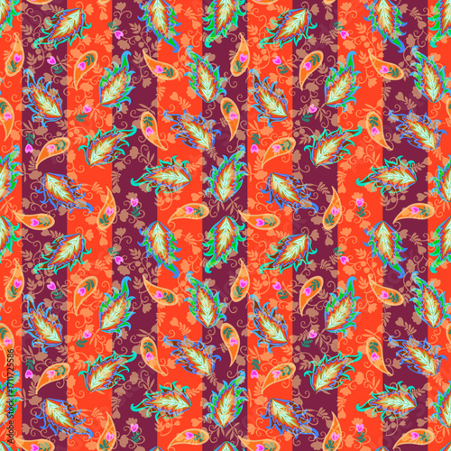 Beautiful striped pattern for carpet, bed linen or scarf with paisley, tiny flowers, leaves and intricate floral patterns. Seamless print for fabric 