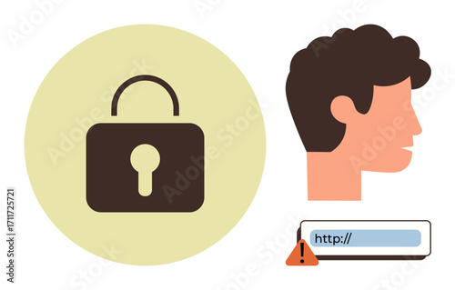 Closed lock symbol, human profile, and alert icon at a web address bar emphasize data privacy, cyber security, and user safety. Ideal for security, identity, internet threats, online safety web