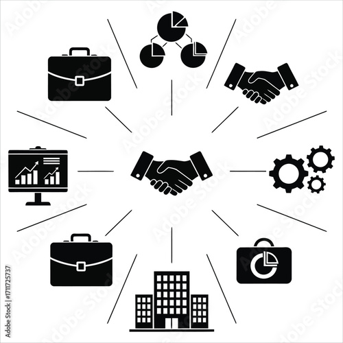 Centralized Business Collaboration Network with Financial Analytics, Strategic Planning, and Corporate Development Icons Vector Illustration