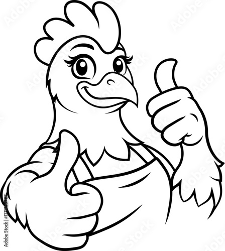 Friendly chicken chef in apron giving two thumbs up. Fun line art for restaurant menus, or coloring pages with a poultry theme.