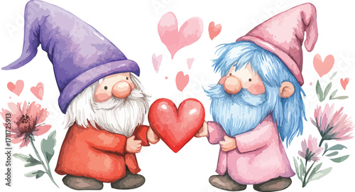 Two adorable watercolor gnomes holding a red heart surrounded by pink hearts and soft flowers celebrating love and romance