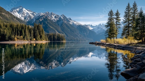A tranquil lakeside view with crystal clear reflections of trees and snow-capped mountains.