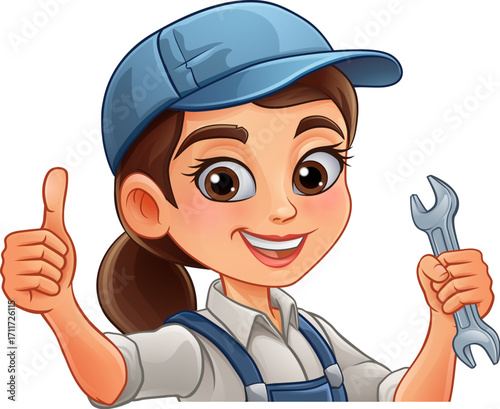 A woman female mechanic, plumber technician or engineer cartoon character mascot holding a wrench or spanner.