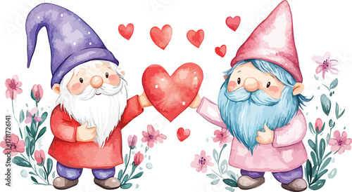 Two adorable watercolor gnomes holding a heart surrounded by flowers and hearts symbolizing love and romance