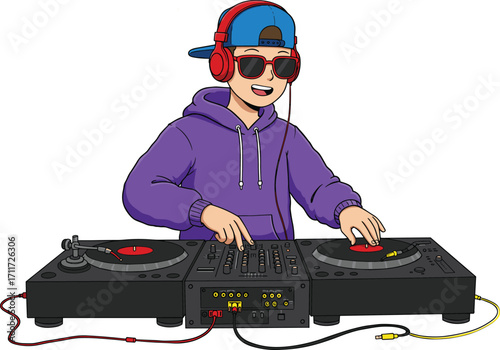 Cool DJ boy cartoon, young DJ at turntable, hip hop music mixer, disc jockey illustration, DJ with headphones, party music setup, vector DJ clipart