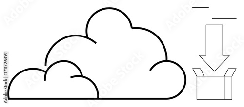 Cloud connected to a downward arrow pointing to an open box symbolizing data storage, transfer, and download. Ideal for cloud computing, data management, file sharing, technology, IT services, online
