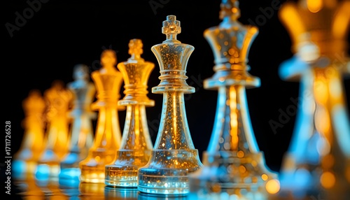 A focused view of transparent chess pieces arranged in a row against a dark background with reflections