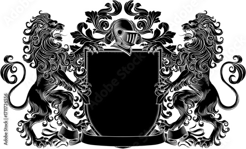 Lions coat of arms or crest family heraldry medieval heraldic knight shield with helmet and acanthus filigree scroll ornament in a vintage woodcut style.