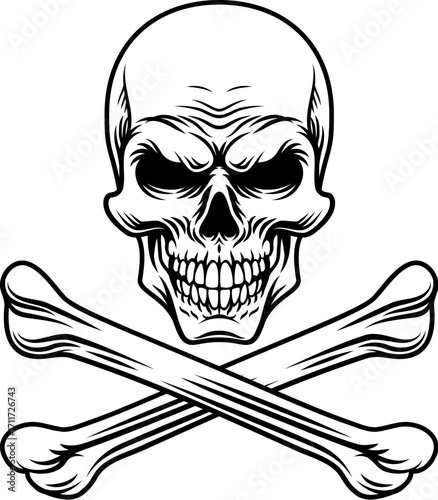 A skull and crossbones pirate crossed bones jolly roger design in a vintage retro woodcut style