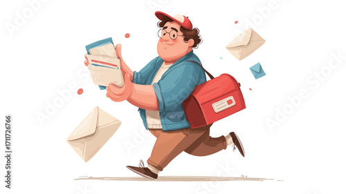 A digital illustration depicting a cartoon mailman, characterized by a chubby build, wearing a red cap and blue jacket, carrying a red mail bag and several envelopes. 