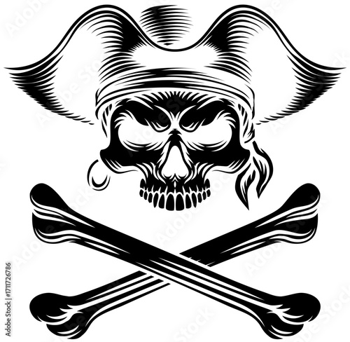 Pirate skull crossbones wearing a tricorn captain hat with crossing bones. In a vintage retro woodcut style.