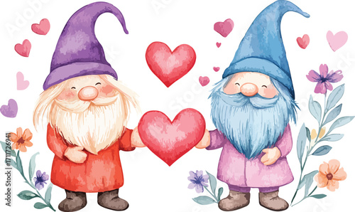 Two adorable watercolor gnomes holding hearts surrounded by flowers and hearts symbolizing love and friendship