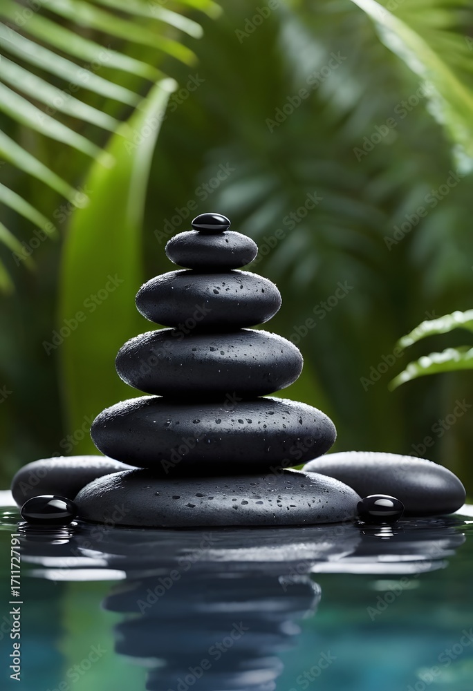 Obraz premium Zen black stones with water drops, spa balance concept, tropical leaves background