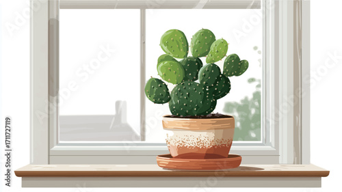A digital illustration depicts a cactus plant in a terracotta pot sitting on a light-colored wooden windowsill. The cactus is a vibrant green with several pads and is the central focus of the