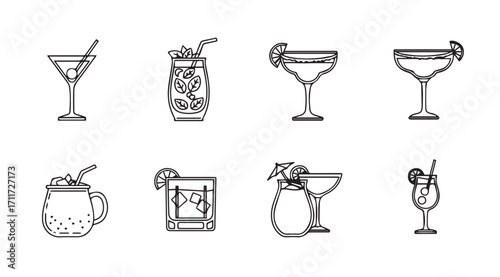 Collection of eight distinct cocktail glasses in a clean silhouette style