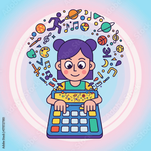 A girl types on a calculator, but the numbers transform into symbols of art, music, and sports.