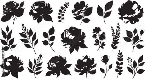 Black floral vector pack: rose, peony, leaves, and branches silhouettes eps