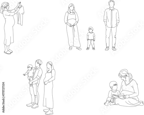 妊婦のママと子供とパパ　家族の日常イラスト – ファミリーシンプル線画