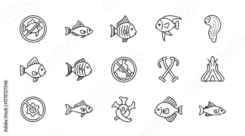 Collection of hand drawn fish and aquarium elements silhouette