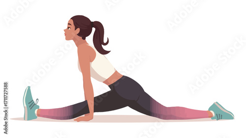 A stylized illustration depicting a young woman with brown hair tied in a ponytail, performing a front leg split stretch. She is wearing a white sports bra and dark grey leggings with a pink