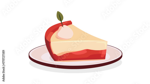 A digital illustration depicts a single slice of red velvet cheesecake on a small, round, white plate. The cheesecake has a creamy, light-colored filling and a rich, red outer layer.