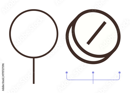 Bold lollipop and pill shapes with simple outlines connected by a line. Ideal for health, balance, simplicity, minimalism, connectivity, duality, and clarity. Unique simple flat metaphor