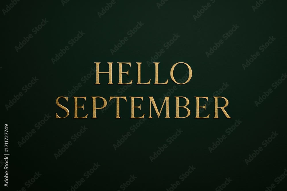Obraz premium Hello september golden text greeting on dark green background