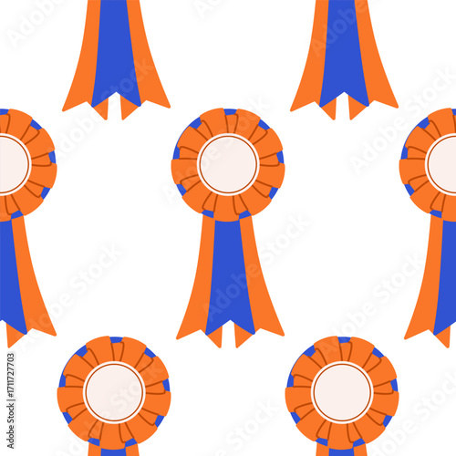 Seamless pattern with victory badges. Ribbon winner rosette in repeat print. Awards for success, prize emblems, ranking badges for textile, wallpaper and wrapping