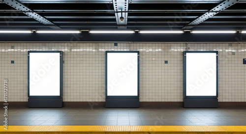 Wallpaper Mural Subway Platform Advertising: Blank White Billboards on Tile Wall Torontodigital.ca