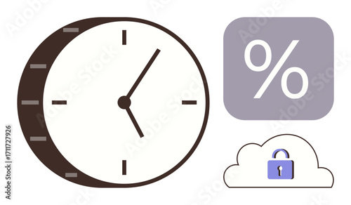Clock symbolizing time, percent sign for metrics, cloud with lock for data protection. Ideal for productivity, efficiency, data security, finance, savings cloud storage analytics. Simple flat