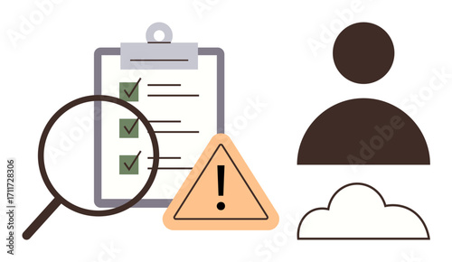 Clipboard checklist with checkmarks, magnifying glass, caution alert triangle, user profile, and cloud graphic. Ideal for analysis, inspection, alerts, personal data cloud management assessment
