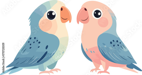 Two adorable cartoon lovebirds with big eyes and soft pastel colors standing close together on a white background