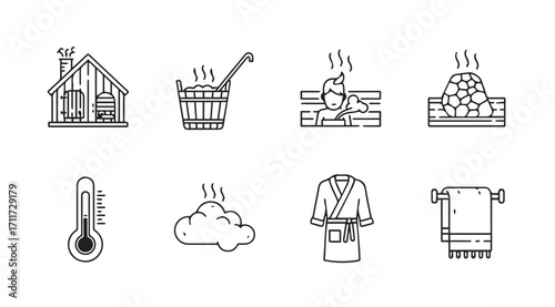 Collection of sauna icons and elements in a simple silhouette style