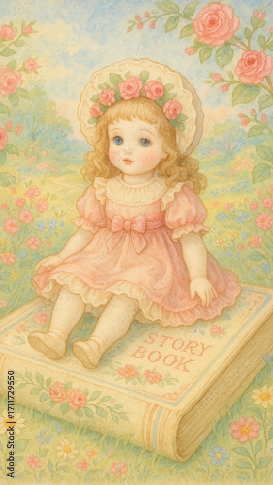 Fototapeta premium Vintage doll on storybook illustration.