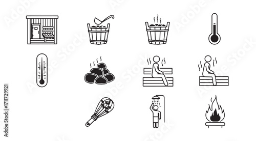 Collection of sauna and spa icons in a distinctive silhouette style