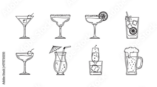 Collection of hand drawn cocktail and drink glasses silhouette