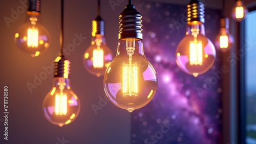 Hanging light bulbs with galaxy background