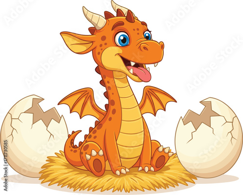 Cute baby dragon sitting on hay, recently hatched from eggshells, orange cartoon fantasy creature, adorable dragon hatchling with wings, playful mythical animal illustration.