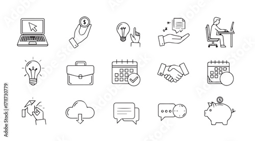 Collection of business and technology icons in a sketchy silhouette style