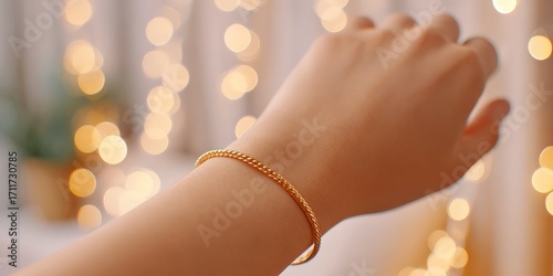 Permanent Jewelry Gold Bracelet on Wrist with Night Bokeh Lights and Soft Romantic Aesthetic in Warm Tones