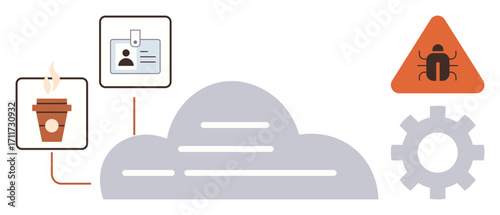 Cloud computing platform with identification badge, steaming coffee cup, bug alert sign, and gear. Ideal for technology, cybersecurity, cloud services, automation, data management IT workflows